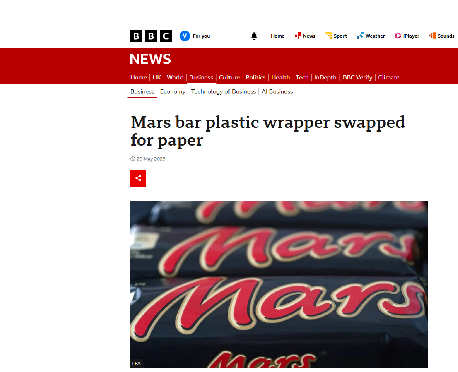 BBC News: Mars bar plastic wrapper swapped for paper